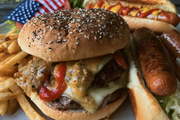 Grilled juicy cheeseburgers, corn on the cob, and side salad for a 4th of July feast.