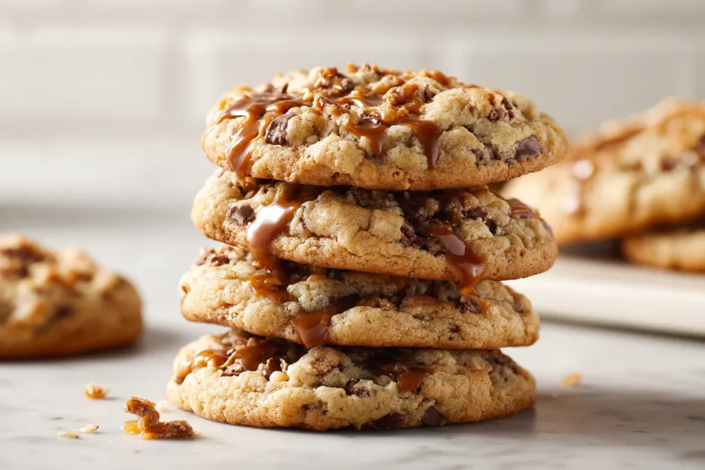 Butterfinger Caramel Crunch Cookies – Gooey & Delicious Dessert Recipe 4 Delicious Butterfinger Caramel Crunch Cookies on a Plate