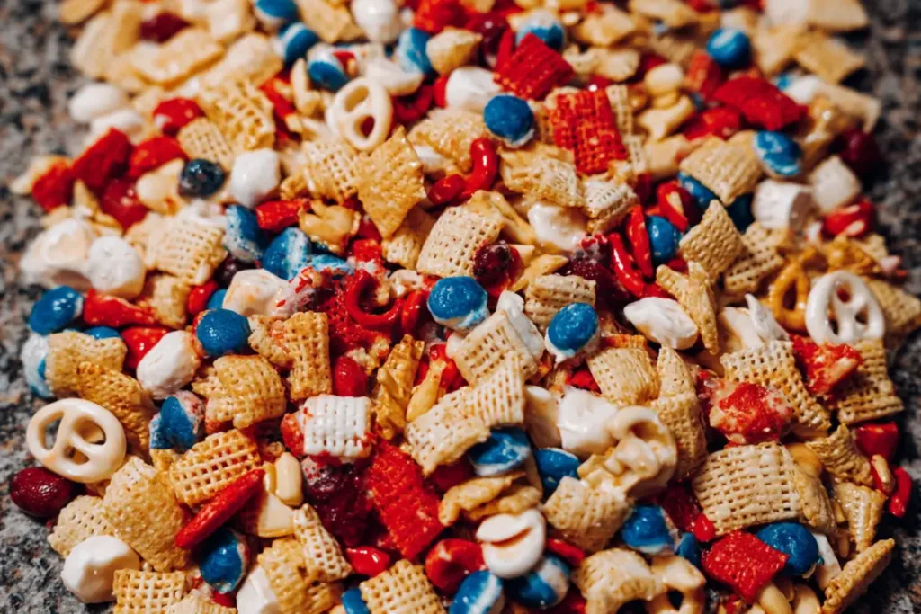 4th of July Snack Mix with White Chocolate, Pretzels, and Candy
