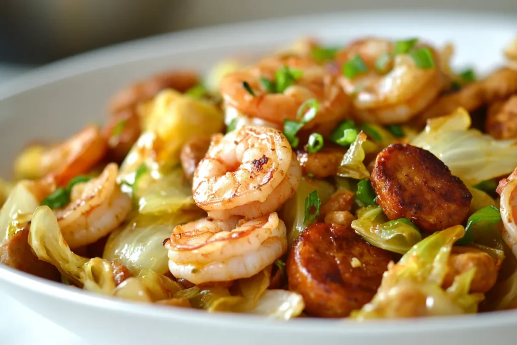 Fried Cabbage with Shrimp & Chicken Sausage Dish