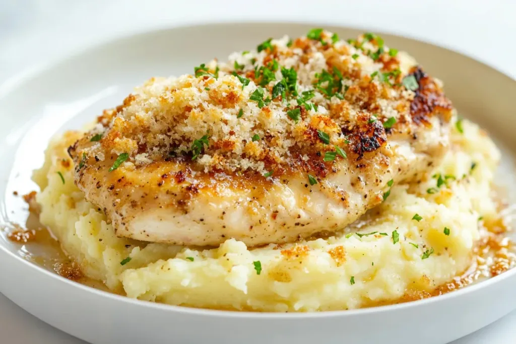 Garlic Parmesan Chicken Over Mashed Potatoes Dish