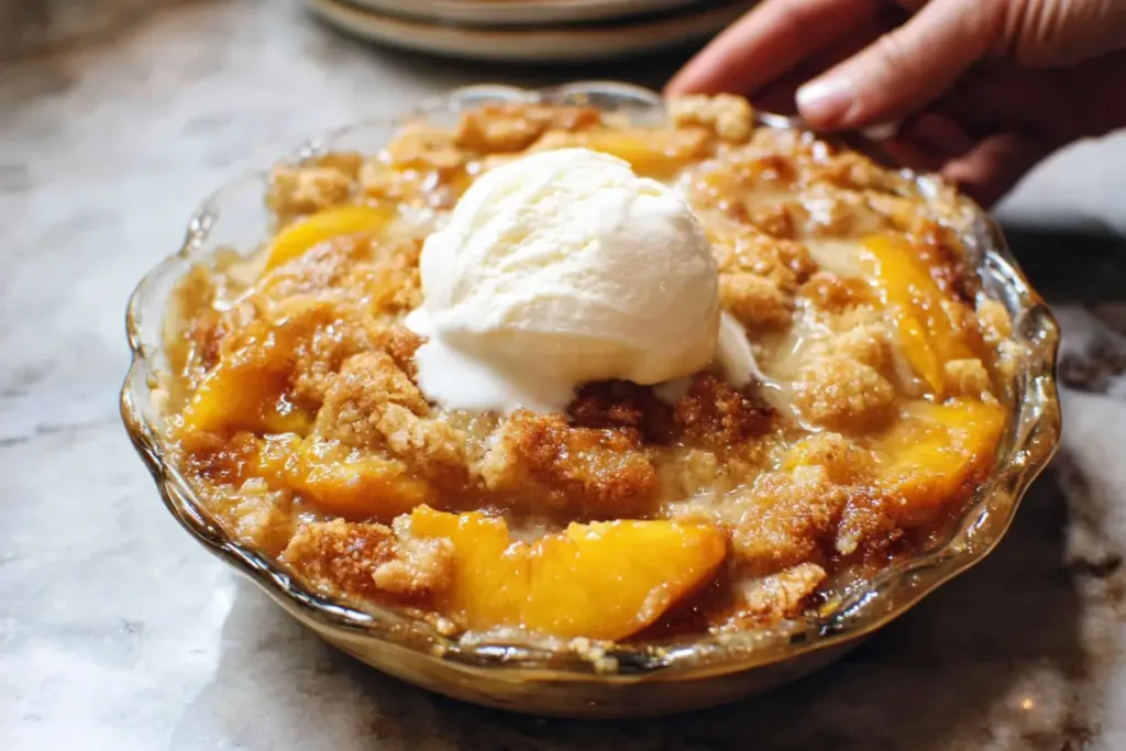 Delicious homemade peach cobbler with a golden, buttery topping and ripe peaches.