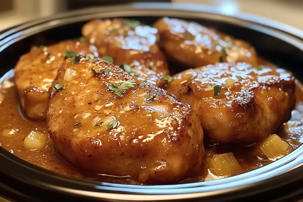 Crock Pot Smothered Chicken Chops Recipe – Easy & Flavorful Comfort Food 5 Chicken chops cooking in the slow cooker with sauce
