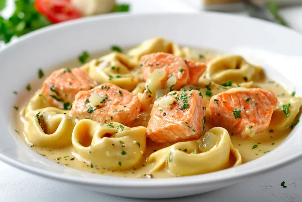 Tuscan Salmon Tortellini in Garlic Sauce Garnished