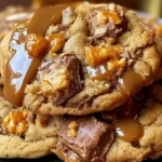 Freshly baked Butterfinger caramel crunch cookies stacked on a white plate.