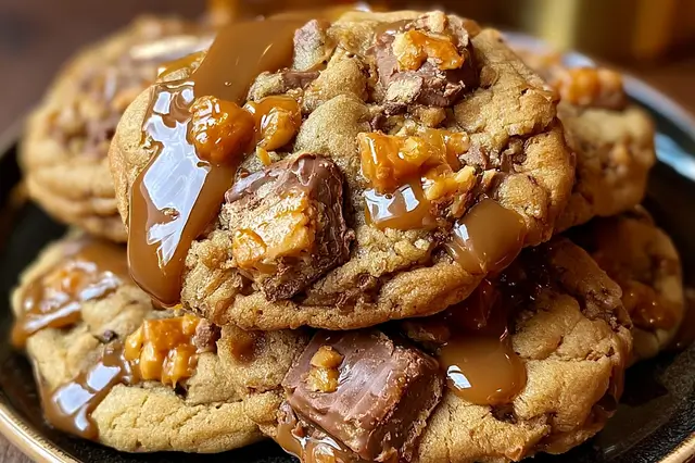 Freshly baked Butterfinger caramel crunch cookies stacked on a white plate.