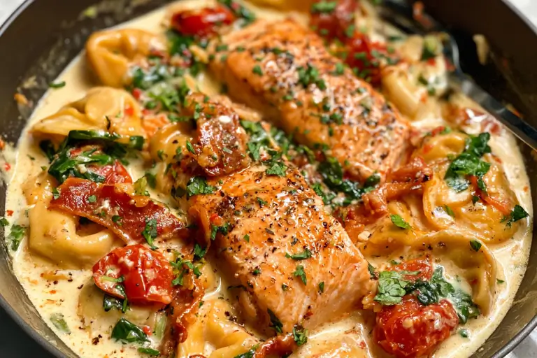 salmon and tortellini in garlic sauce