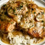 Slow cooker smothered chicken chops cooked in a creamy mushroom gravy.