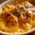 Creamy best scalloped potatoes layered with melted cheddar cheese and baked until golden brown.
