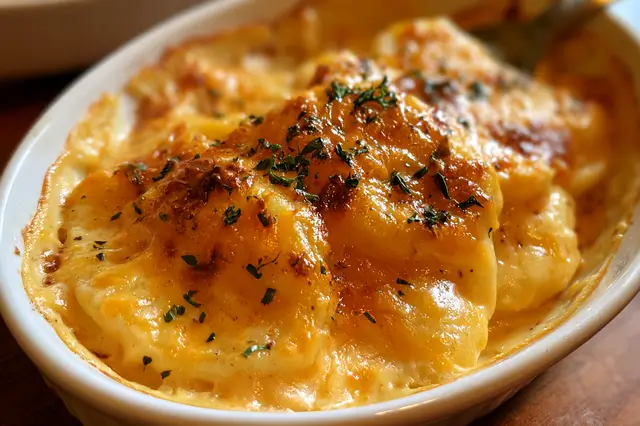 Creamy best scalloped potatoes layered with melted cheddar cheese and baked until golden brown.
