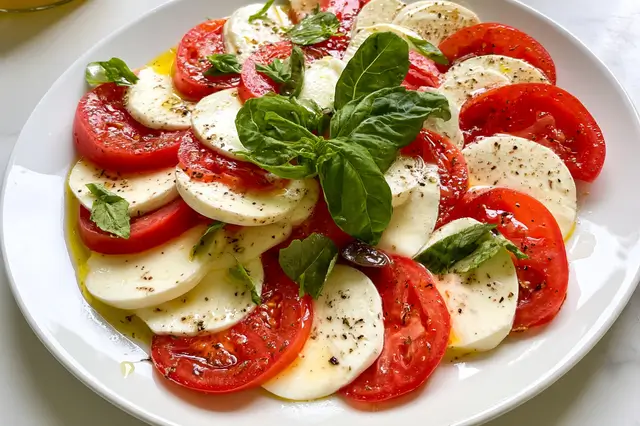 Sliced vine tomatoes and fresh mozzarella layered with basil leaves for Caprese salad.