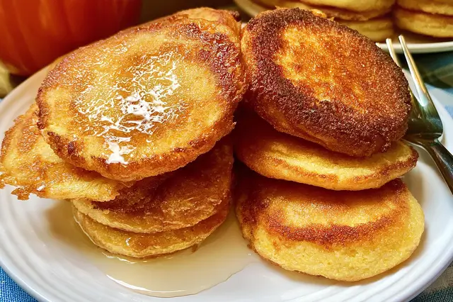 Golden fried cornbread Southern cornmeal hoecakes stacked on a plate ready to serve.