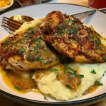 Seared garlic Parmesan chicken breast served over creamy mashed potatoes with pan sauce.
