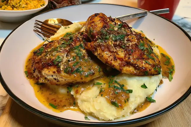 Seared garlic Parmesan chicken breast served over creamy mashed potatoes with pan sauce.