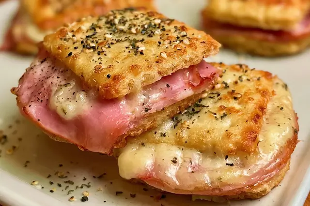 Warm Ham and Swiss Cracker Melts topped with melted cheese on a baking sheet.