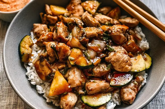 Sautéed bite-sized hibachi chicken coated in soy teriyaki sauce in a skillet.