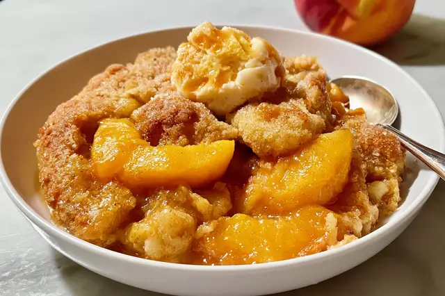 How to Make Peach Cobbler and Delicious Peach-Based Desserts: Easy Recipes & Variations 3 Warm homemade peach cobbler topped with golden baked batter in a dish.