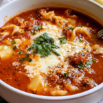 Hearty bowl of lasagna soup topped with melted mozzarella, ricotta, and fresh basil.