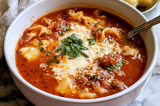 Hearty bowl of lasagna soup topped with melted mozzarella, ricotta, and fresh basil.