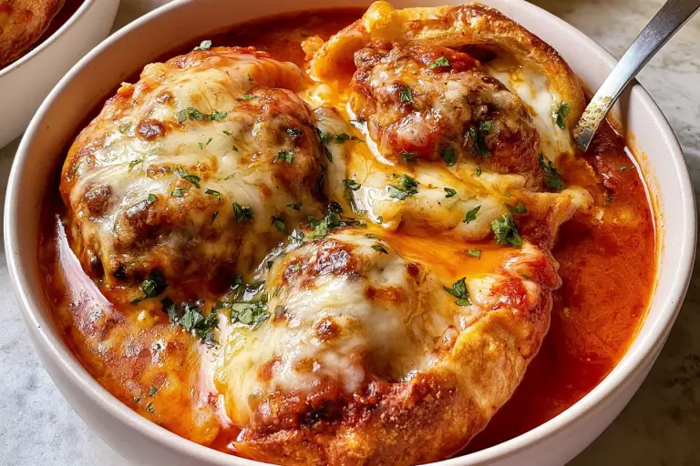 Bowl of meatball sub soup with melted mozzarella cheese and toasted baguette.Bowl of meatball sub soup with melted mozzarella cheese and toasted baguette.