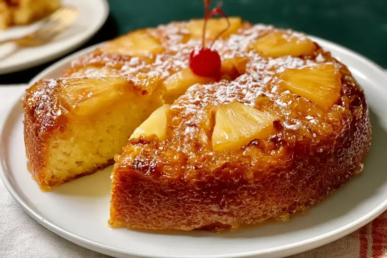 Inverted crushed pineapple upside down cake with caramelized brown sugar and cherry garnishes.
