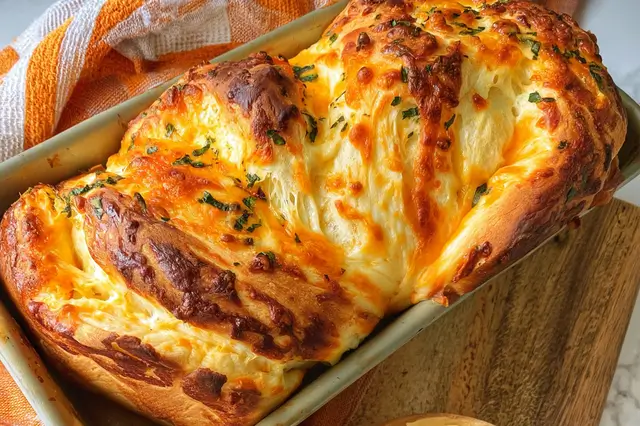 Warm homemade cheese bread loaf with a golden crust baked to perfection.
