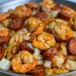 Sautéed cabbage dish with tender shrimp, sliced chicken sausage, garlic, and onions.