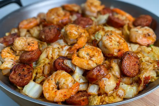 Sautéed cabbage dish with tender shrimp, sliced chicken sausage, garlic, and onions.