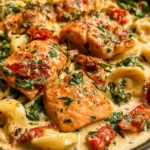 Creamy Tuscan salmon tortellini with spinach and garlic sauce served in a dish.