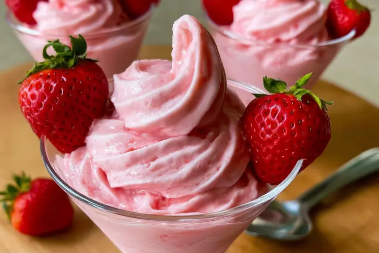 Creamy homemade strawberry Dole Whip served in a dessert bowl with fresh berry garnishes.