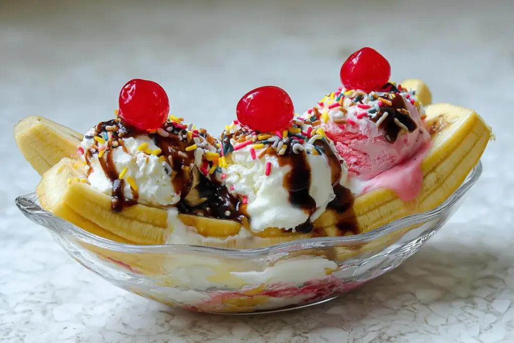 Classic Banana Split: The Ultimate Ice Cream Treat 4 Classic Banana Split Sundae Ready to Enjoy