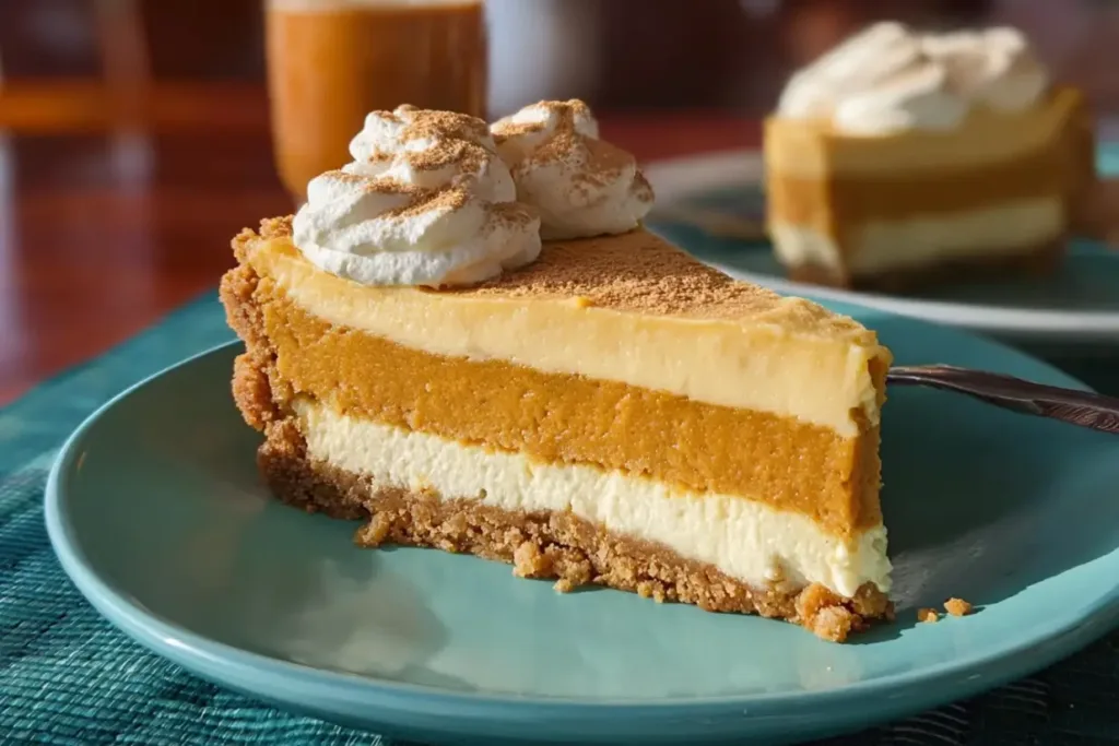 Double-Layer Pumpkin Cheesecake: A Delightful Fall Treat 4 Double-Layer Pumpkin Cheesecake Slices Ready to Serve