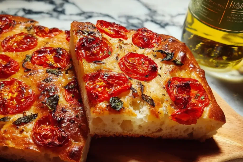 Double-Tomato Focaccia: A Must-Try Flavor Sensation! 3 Freshly Baked Double-Tomato Focaccia on a Wooden Board