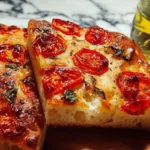 Double-Tomato Focaccia: A Must-Try Flavor Sensation! 5 Freshly Baked Double-Tomato Focaccia on a Wooden Board