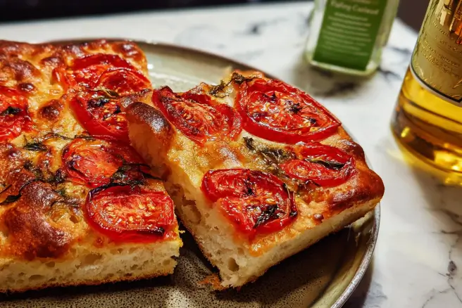 Double-Tomato Focaccia: A Must-Try Flavor Sensation! 4 Freshly Baked Double-Tomato Focaccia on a Wooden Board