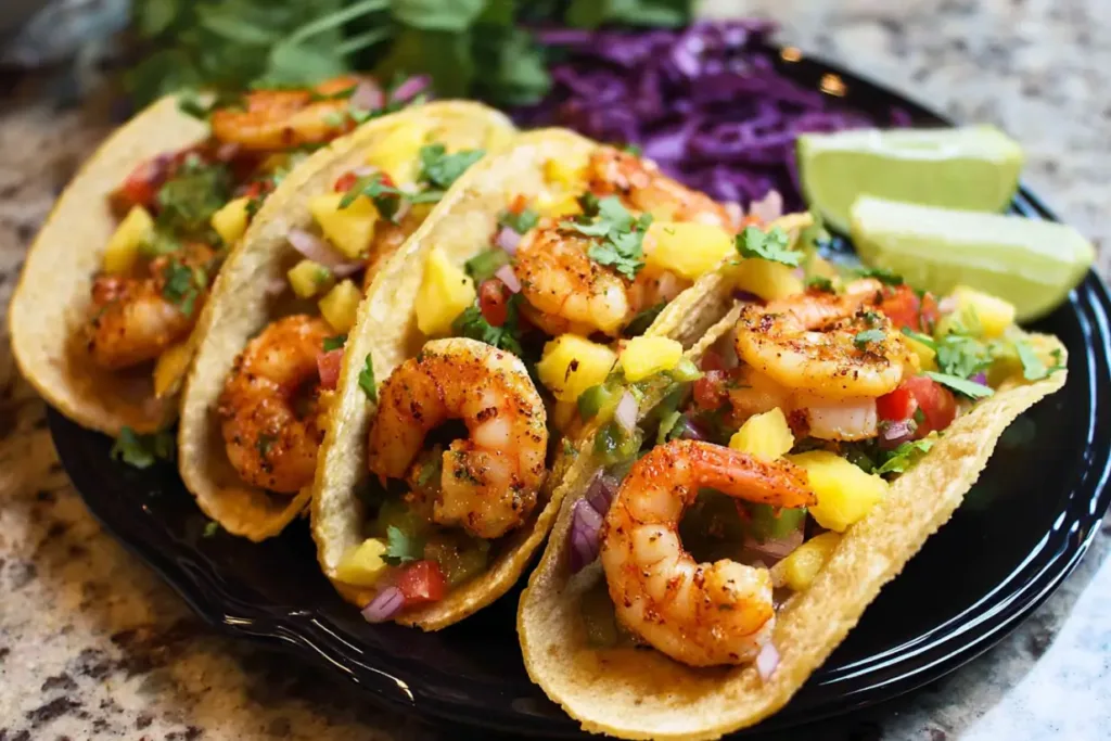 Grilled Shrimp and Pineapple Tacos on a Plate