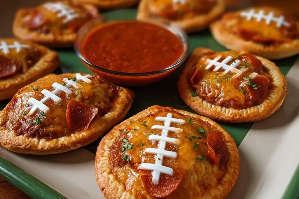 Mini Football-Shaped Pizzas on a Game Day Table