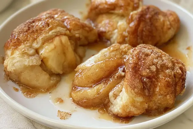 Peeled apple halves wrapped in biscuit dough and baked in sweet cinnamon sauce