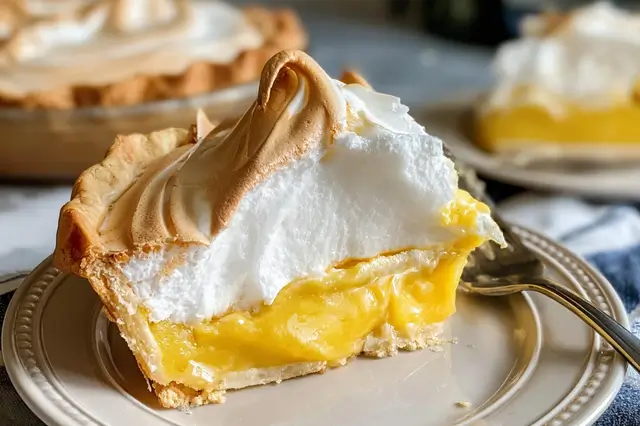 Golden baked classic lemon meringue pie featuring tart lemon filling and a fluffy meringue.