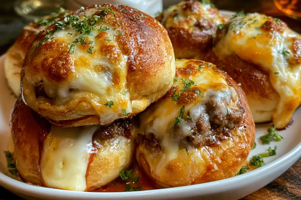 Golden baked biscuit dough bombs brushed with melted garlic butter and grated Parmesan cheese