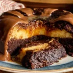 Decadent chocolate flan cake baked in a bundt pan with glossy caramel topping.