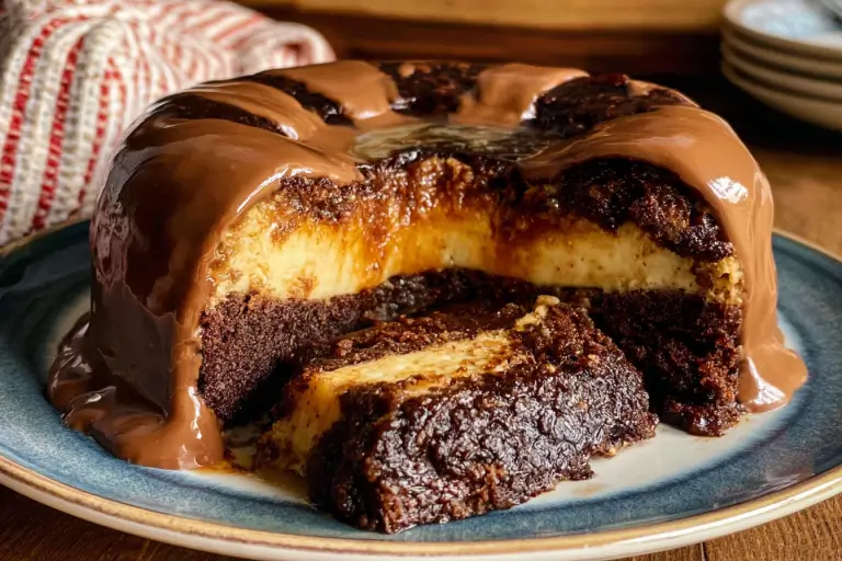 Decadent chocolate flan cake baked in a bundt pan with glossy caramel topping.