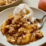 Sliced cinnamon-spiced apples baked under a crunchy oat and brown sugar crumble topping