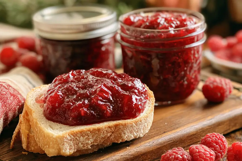 Vibrant homemade Christmas jam made with sweet strawberries and tart cranberries