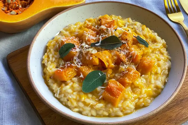 Creamy vegan butternut squash risotto cooked with fresh sage and lemon zest