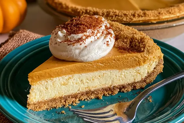 Double-layer pumpkin cheesecake baked in a graham cracker crust with autumn spices