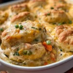 Creamy chicken and vegetable casserole topped with baked golden buttermilk biscuits.