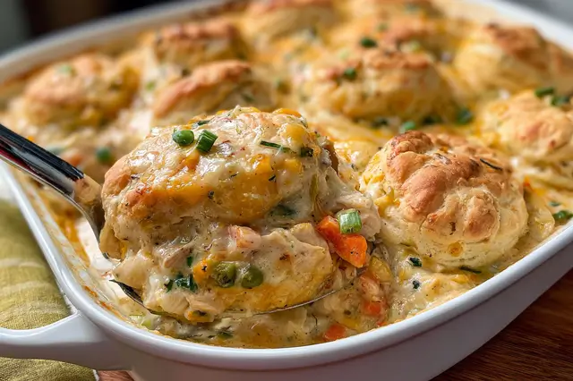 Creamy chicken and vegetable casserole topped with baked golden buttermilk biscuits.