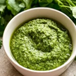 Fresh homemade cilantro pesto with blanched almonds, red onion, and extra virgin olive oil