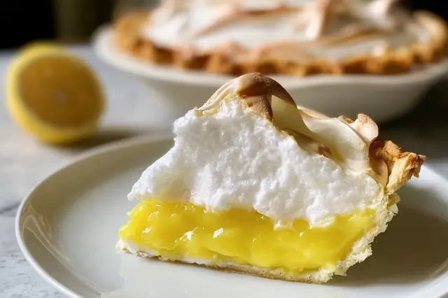 Classic lemon meringue pie with bright lemon filling and toasted meringue in a crust.